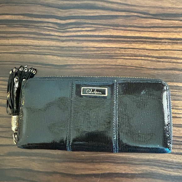 Cole Haan Black Patent Leather Tassel Zip Wallet - Picture 4 of 12